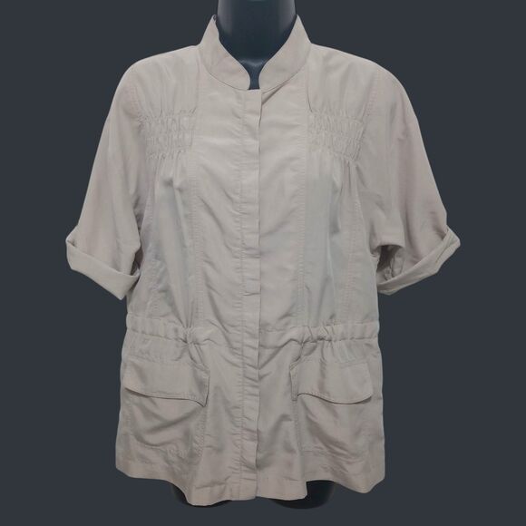 CHICO'S Khaki Safari Lightweight Jacket Shacket Snap Tie Back Beige Pleated Sz M - Picture 1 of 11